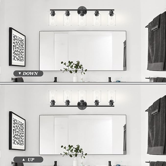 Guliaofo 5-Light Black Bathroom Vanity Lights, E26 Modern Bathroom Light Fixtures with Clear Glass Shade, Mirror Kitchen Hallway Cabinet Living Room Sconces Wall Lights