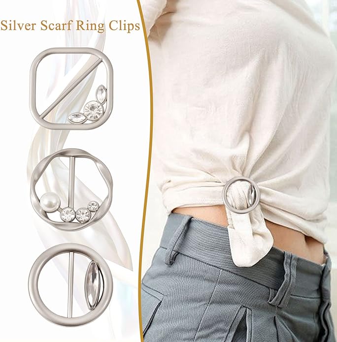T-Shirt Clips 9 PCS, Clothes Corner Knotted Button, Fashion Alloy Pearl Rhinestone Circle Clip Buckle Round Shirt Silk Scarf