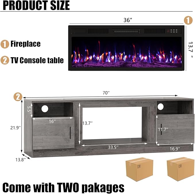 VITESSE TV Stand with 36" inch Electric Fireplace Up to 80" TVs, LED Light Entertainment Center, 70" Modern Wood High Gloss Fireplace with Highlight Storage Cabinet for Living Room (Grey)