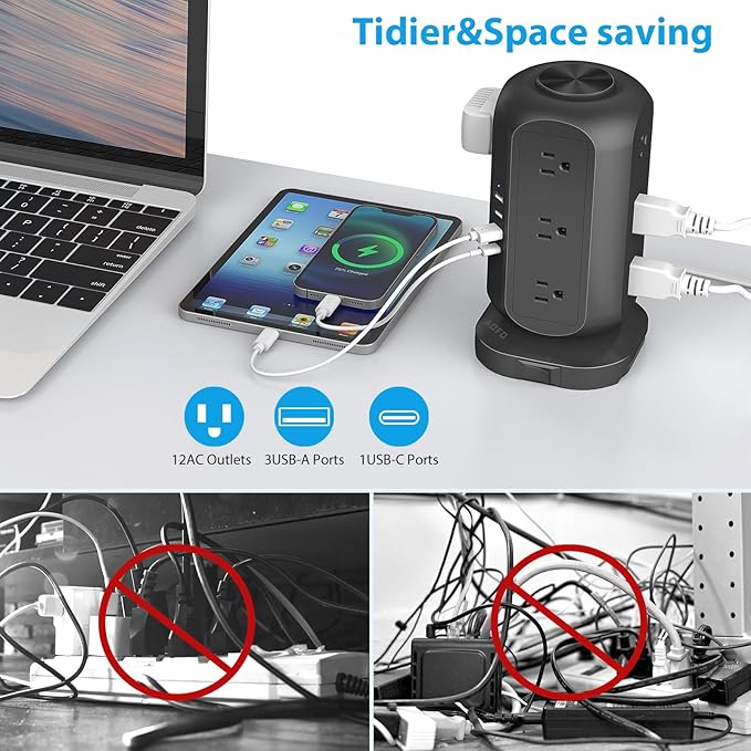 AOFO Long Extension Cord 15 ft Power Strip Tower, Surge Protector 12 AC Outlets 4 USB(1 USB C) Ports, Charging Tower Overload Protection with Multiple Outlets for Home Office