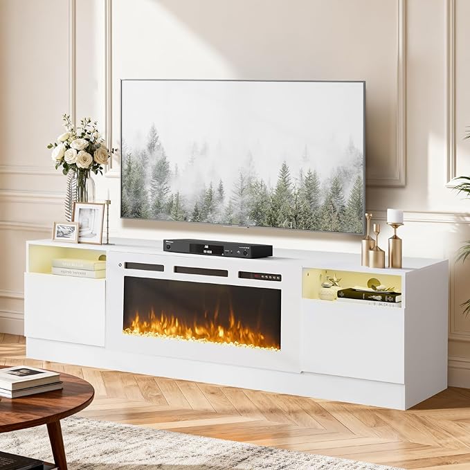 YISUFO 70" TV Stand with 36" Electric Fireplace, Large Modern Media Entertainment Center with Storage Cabinet and 12 Colors LED Lights for TVs Up to 80",All White