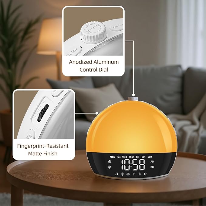 Risop Wake Up Light Sunrise Alarm Clock for Heavy Sleepers, All-in-One Smart Bedside Device with Bluetooth Speaker, FM Radio, Dual Alarm & Sleep Aid Night Light, Best Gift for Adults & Kids