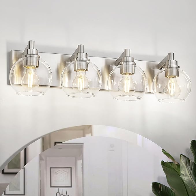 METWET Bathroom Light Fixtures, 4 Light Brushed Nickel Vanity Light, 26 Inch Modern Wall Sconces with Globe Clear Glass Shade, Vanity Lighting Fixtures Over Mirror, VL195-BN-CL-4