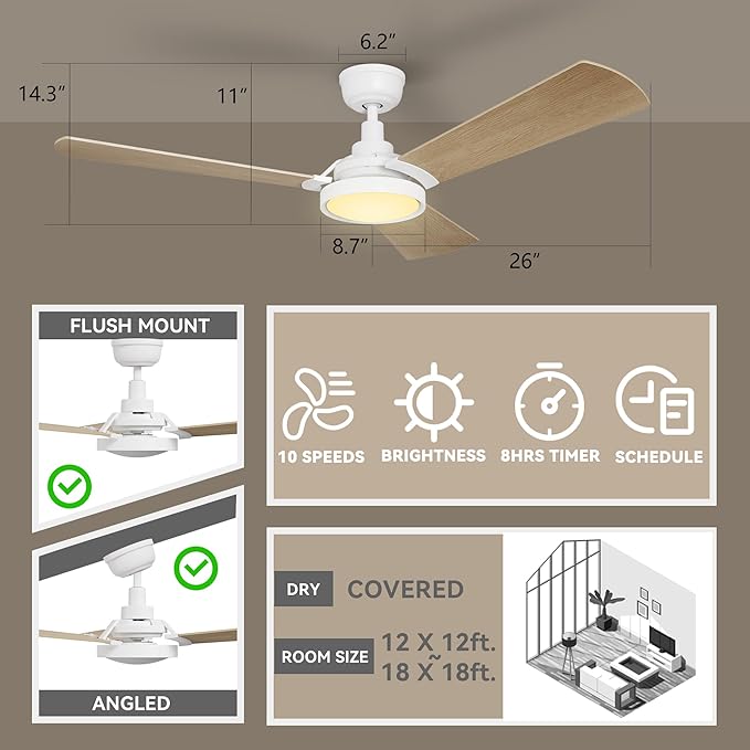 SMAAIR 52 Inch Smart Wifi Ceiling Fans with Dimmable LED Lights and Remote, Compatible with Alexa/Google Home/Siri/APP, Outdoor DC Fans with 10 Speeds, Timer/Schedule,Light White