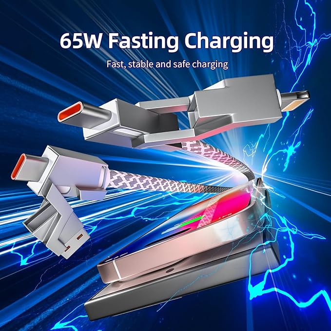 66W 4 in 1 Charging Cable,Fast Multi Charging Cable 5FT,USB C Cable Fast Charge&Data Transfer, Type C 66W 27W PD Multiple Charger Cord for iPhone16/15/14/13 Series/Phones/Pads/Laptop and More-Silver