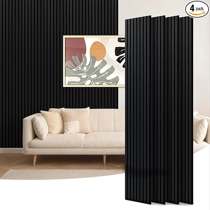 Art3d 4-Piece 94 x 12.6 Inch Acoustic Lightweight Slat Wall Panel - Waterproof Wood Textured Wainscoting Panel of 33 Sq.Ft for Bedroom, Home Theater Office Accent Wall, Matte Black