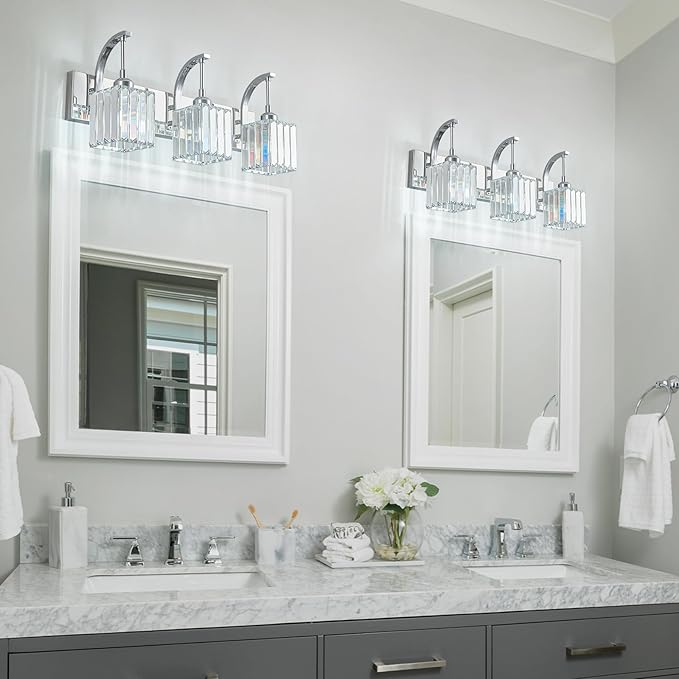 FDPBY Crystal Vanity Lights 3-Light Chrome Bathroom Vanity Lights Modern Crystal Bathroom Light Fixtures Over Mirror 23.62" Long Vanity Light for Bathroom