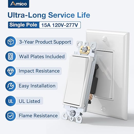 Amico 50 Pack Single Pole Light Switch with Wall Plate, UL Listed, 15A 120/277V, On/Off Rocker Paddle Interrupter Wall Switch, Grounding Screw, Residential Grade, Suitable for Home and Business, White