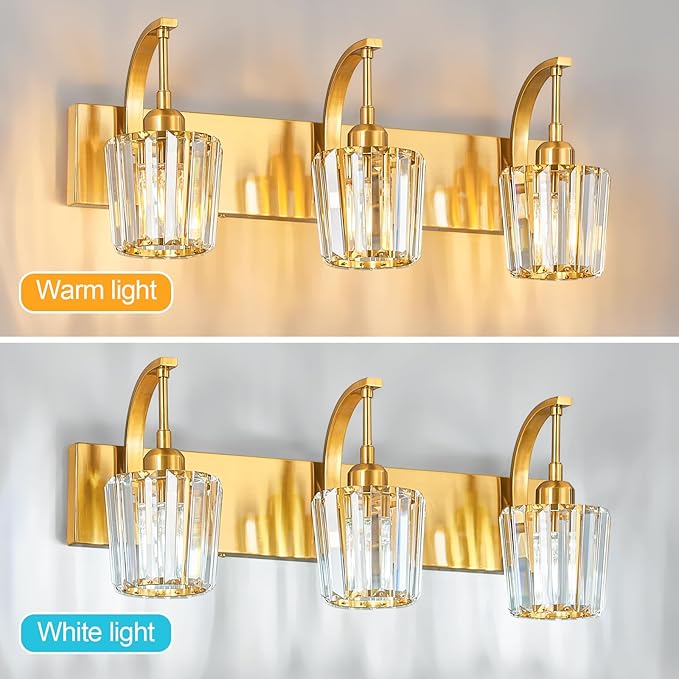 FDPBY Modern Bathroom Vanity Light, 3-Light Gold Wall Sconce with Crystal Accents, Over Mirror Bathroom Lighting Fixture, 23.62" Long Dimmable Vanity Lamp for Makeup, Easy Installation