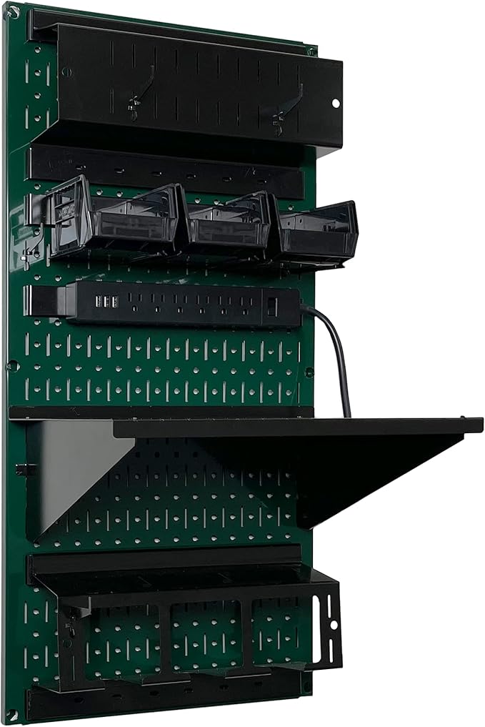 Wall Control Power Tool Storage Organizer Kit Cordless Drill Holder Charging Station Rack 16” x 32” Metal Pegboard Organization System (Green Pegboard)