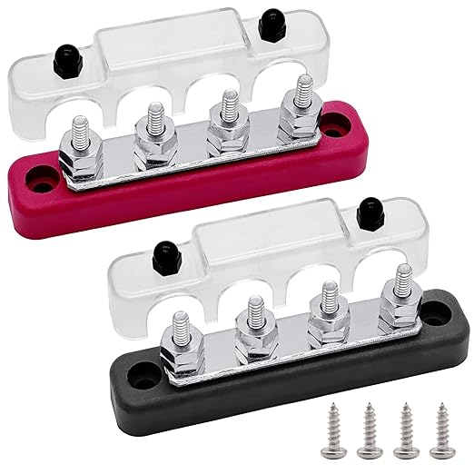 4 x #10 (M5) Studs Bus Bar, Ampper 4.2" Power/Ground Distribution Block Brass Battery BusBar Junction with Cover for Auto Boat Amplifier and More (Red & Black)