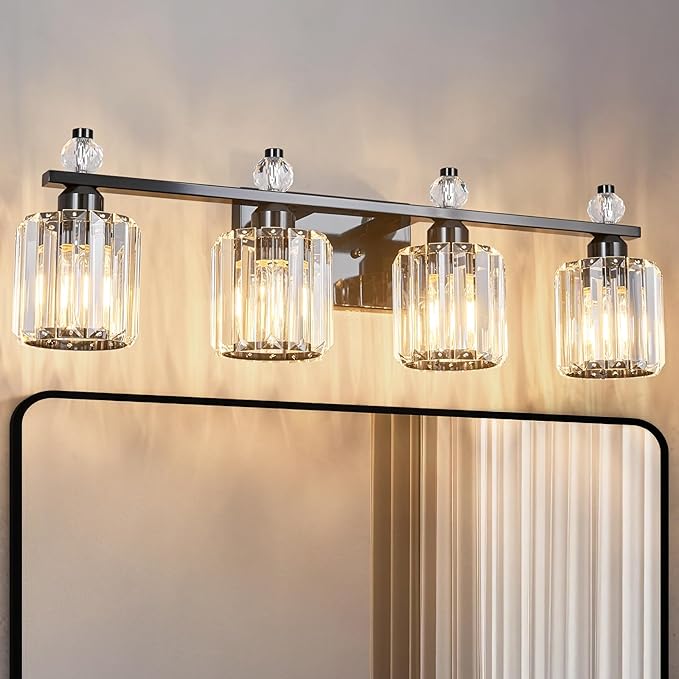 FDPBY Bathroom Vanity Lights 4-Light Plating Black Modern Crystal Vanity Light Fixtures Over Mirror Crystal Bathroom Vanity Lighting Fixtures
