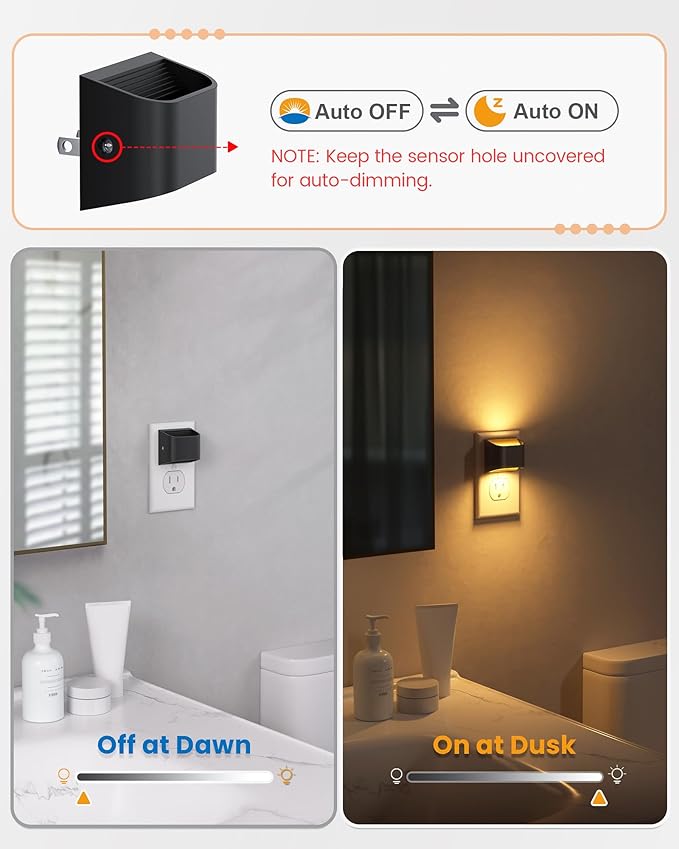 NIORSUN Night Lights Plug Into Wall, Auto Brightness Sensor Night Light, 3000K Warm White, Ultra-Slim Wall Light for Hallway Bathroom Bedroom Stairs, Black, 4 Pack
