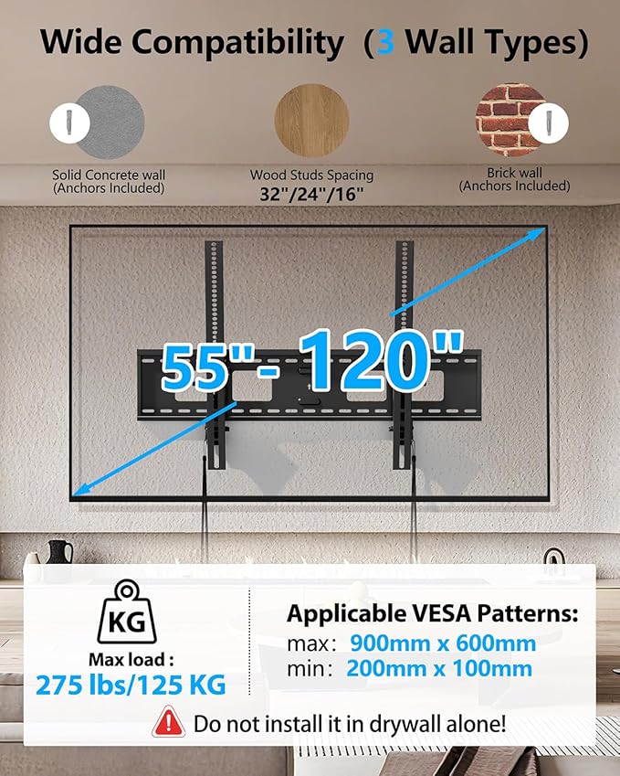 FORGING MOUNT Heavy Duty Tilting TV Wall Mount for Large TVs 55-120 Inch, Tool-Free Tilt Low Profile TV Mount,3-Stud Wall Mount Universal Bracket,VESA 900x600, Holds 275lbs, Fits 16/18/24/32" Studs