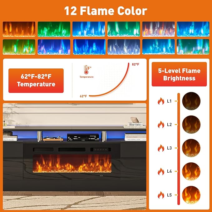 oneinmil Fireplace TV Stand with 36” Electric Fireplace, 2 Tier TV Console Stand for TVs Up to 90"", LED Light Entertainment Center, Fireplace for The Living Room TV Stand, Black, 80''