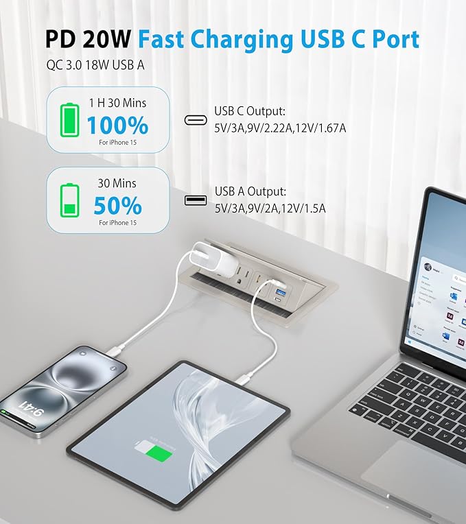 Recessed Conference Table Power Hub with 20W USB-C PD Fast Charging, Flush Mounted for Desks, Kitchens & RVs, 6FT Power Cord (Golden)