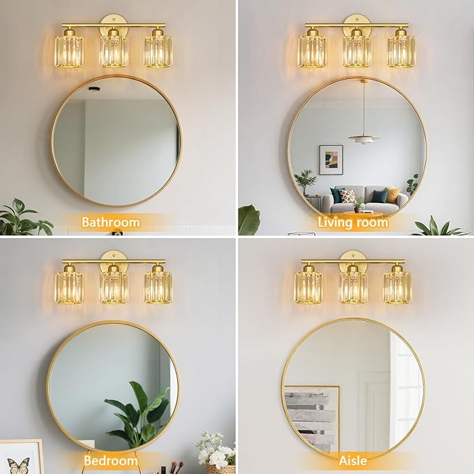 FDPBY Modern 3 Light Crystal Vanity Light, Gold Vertical Bathroom Light Fixture Over Mirror for Dressing Table Sink, Compatible with Dimmable Bulbs (Bulbs Not Included)