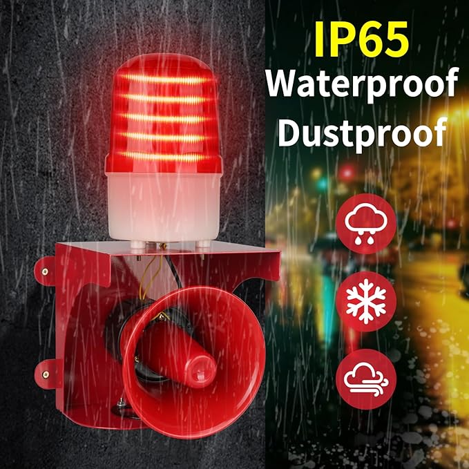 kbaoele AC110V Industrial Siren Alarm Strobe Light-120dB Loud Horn&Red Beacon Warning Light,Waterproof Indoor/Outdoor Safety Alarm for Emergency,Factory,Office,Fires,Tornado,Intruders,Animal Deterrent
