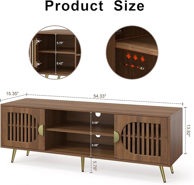 Dorivibe 54.33" Walnut TV Stand for TVs up to 60 Inch, Mid Century Modern Entertainment Center Console Table with Storage Cabinet, Wood Media Furniture for Living Room, Bedroom