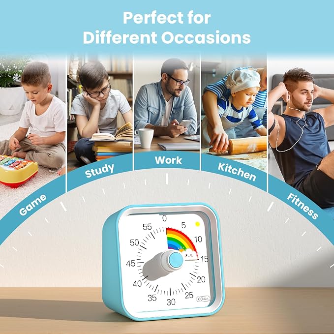 InfPokid Visual Timer for Kids with Pause Function, Cute Silent Timer with Rainbow for Classroom, Teaching, Task, Kitchen, 60 Minute Countdown Time Management for ADHD (Rainbow Blue)