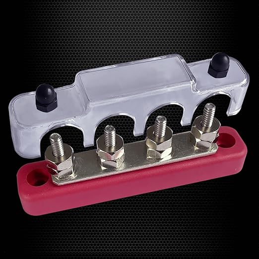 4 x #10 (M5) Studs Bus Bar, Ampper 4.2" Power Distribution Block Brass Battery BusBar Junction with Cover for Auto Boat Amplifier and More (Red)