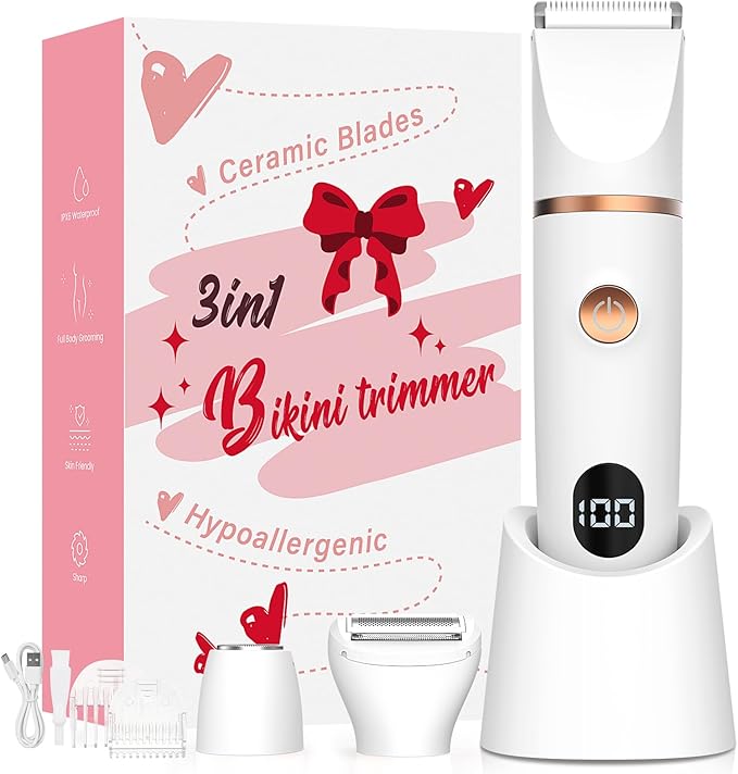 Crolanli Bikini Trimmer for Women, 3-in-1 Electric Razors for Women, IPX7 Waterproof Rechargeable Cordless Pubic Hair Shaver, with LED Display, for Ladies Bikini Pubic, Face, Underarms, Legs(White)
