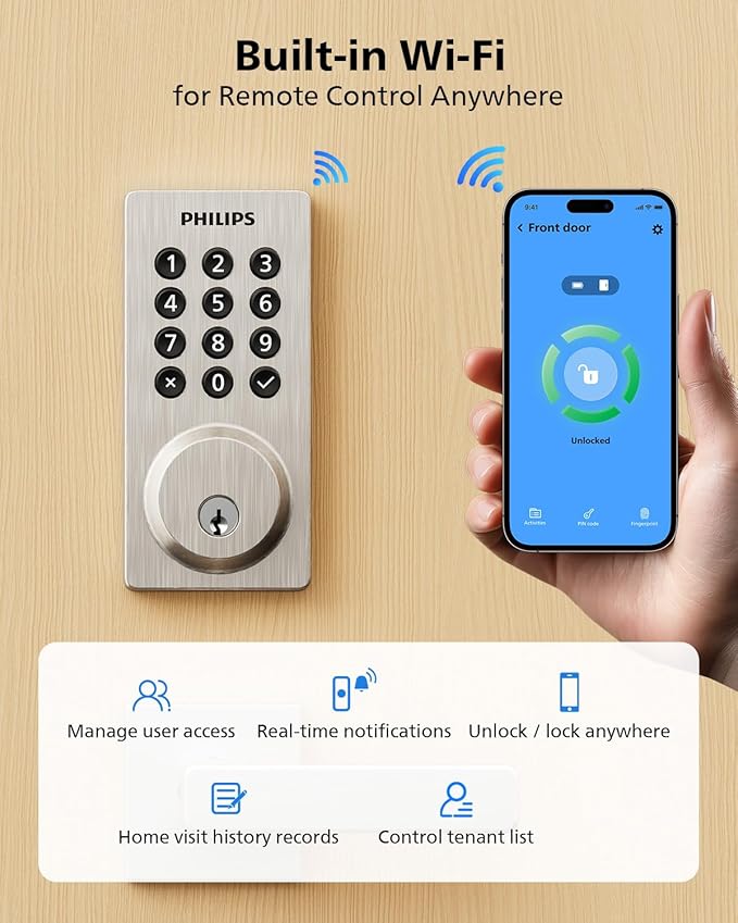Philips Wi-Fi Smart Door Lock, Keyless Entry Door Lock with App Control,Fingerprint ID,Auto Lock,Keypad Deadbolt with Wi-Fi Bridge Adaptor,Smart Locks for Front Door-Matte Black