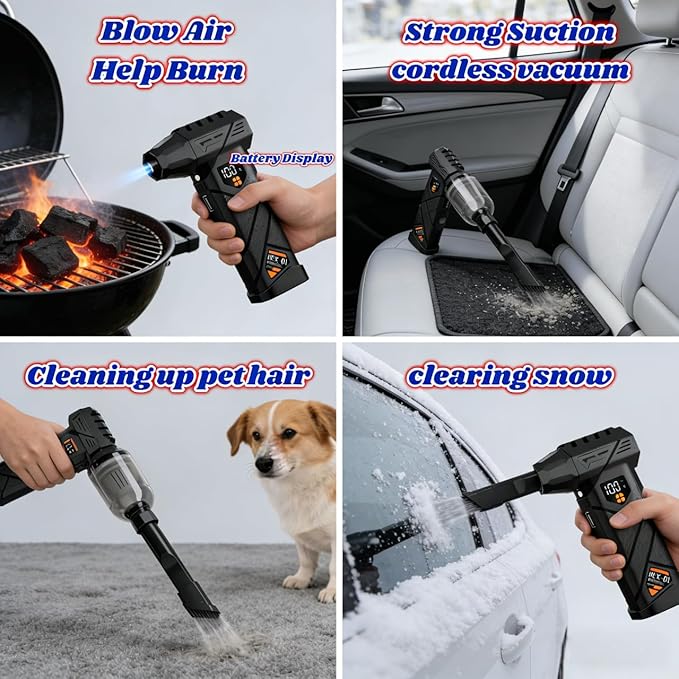 PURECOTERA Powerful Car Vacuum Cleaner,Compressed Air Duster - 6000 mAh,5 in 1, Digital, vacuuming, Compressed air, Lighting, Charging, for Computers, Keyboards, Home,car-Gifts for Men