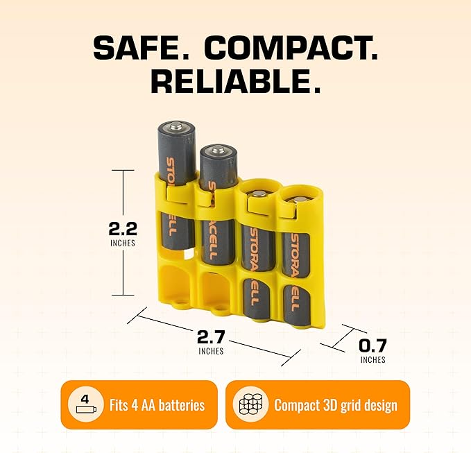 AA Battery Storage Caddy by Storacell (2 Pack), Yellow, Holds 4 Batteries (Not Included)