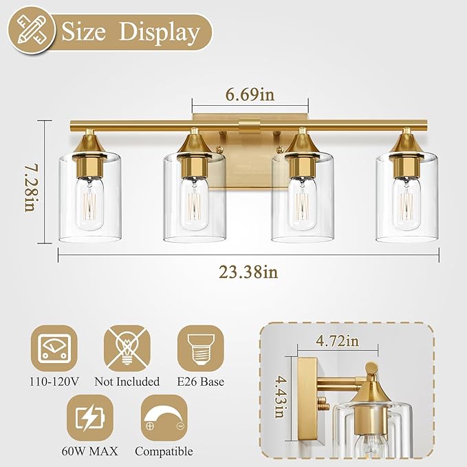 XPEHK Brushed Gold Vanity Light,4 Light Gold Bathroom Light Fixtures,Bathroom Lights Over Mirror with Clear Glass Shade,Modern Wall Lighting for Mirror Bedroom Vanity Hallway