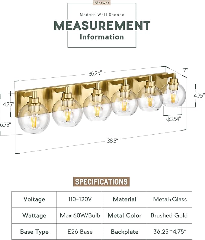 METWET Bathroom Light Fixtures, 6 Light Brushed Gold Vanity Light, 38 Inch Modern Wall Sconces with Globe Clear Glass Shade, Vanity Lighting Fixtures Over Mirror, VL195-BG-6