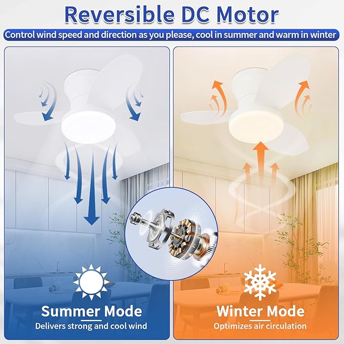 Glowall Small Ceiling Fan with Lights, 25 Inch Flush Mount with Remote Control, Reversible Quiet DC Motor, White, 3 Blades, 6 Speeds, Dimmable LED, Adjustable Color Temperature, Timer