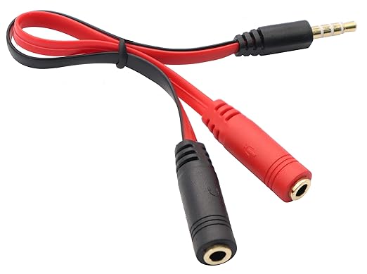 zdyCGTime 3.5mm Audio Y Splitter Cable 4-Pole 3.5mm AUX Male to 2x3.5mm Female Headset Mic & Stereo Y Splitter Cable for PC Computer Y Splitter Audio Flat Cable(20CM)(Red, Black)