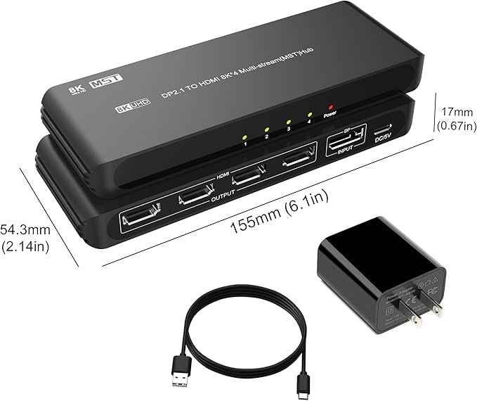 DisplayPort to HDMI Splitter for 4 Monitors, 8K@60Hz HDMI Splitter Extended Display 1 DP in 4 HDMI Out DisplayPort MST Hub for Multiple Monitor, Compatible with Computer, Graphic Card, PC