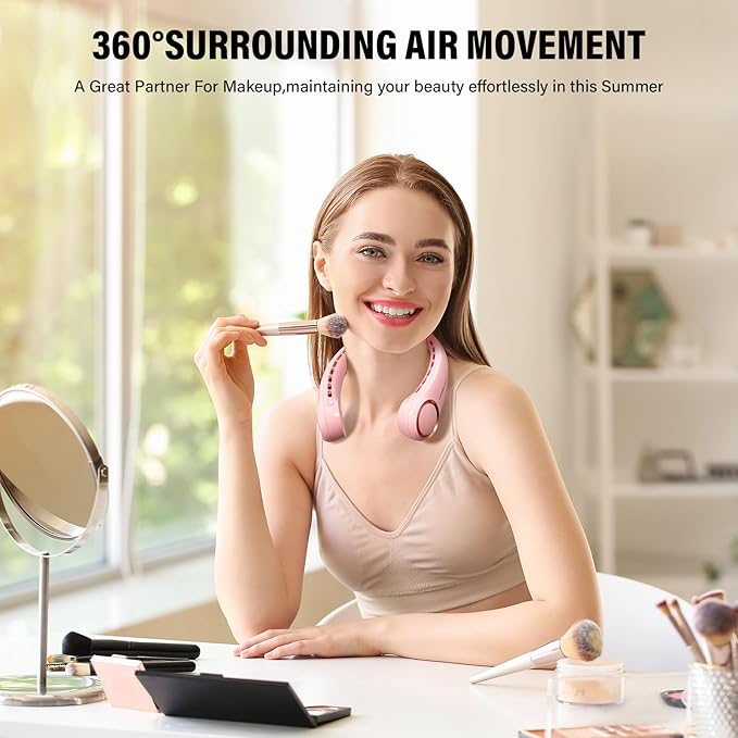 Jancane Neck Fan, USB Rechargeable Personal Fan, 3 Speeds Adjustable, Large air outlet Powerful Strong Wind, Adjustable, 360° Cooling, Super Quiet, No Blade Design, No Hair Twisting, Small (Pink)