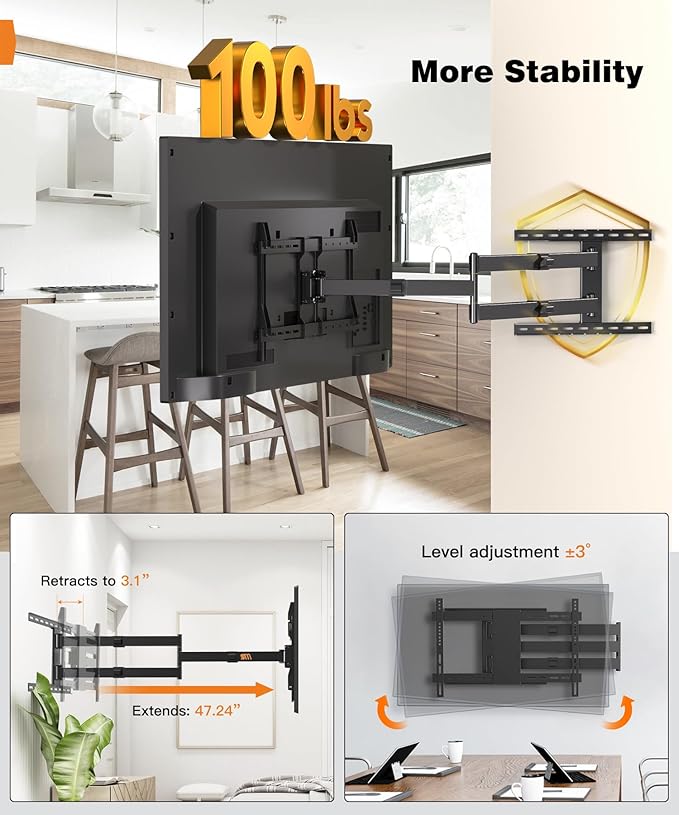 47” Extra Long Arm TV Wall Mount for 37-80 Inch TV, Full Motion Corner TV Mount with Extension Articulating Arm Swivel and Tilt, Max VESA 600x400mm, Fits 16" 18" Studs Up to 99 lbs