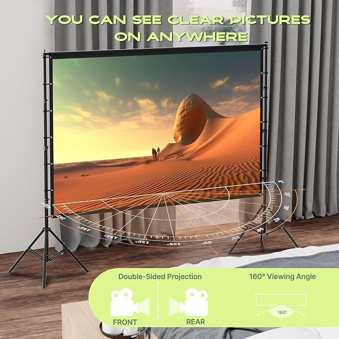 AAJK 120in Projector Screen with Stand,Portable 16:9 4K HD Indoor Outdoor Projection Screen with Wrinkle-Free Design, Ideal for Home Theater and Backyard Cinema – Includes Carry Bag
