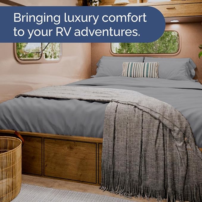 RV Short Queen Sheet Set 60 X 75 - 4 Piece RV Short Queen Bed Sheets - Soft, Breathable & Cooling - Designed for Bunks, Trailers & Campers - Fits 8” to 12" Mattress - Hotel Luxury Bedding - Steel Blue