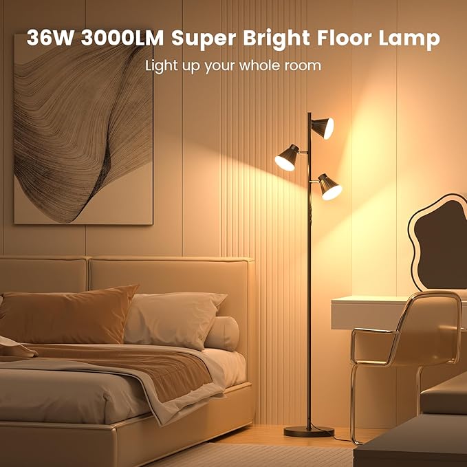 SIBRILLE 36W LED Tree Floor Lamp, Dimmable Tall Standing Lamp with Remote & Touch Control, 4 Color Temperatures Bright Floor Lamp, 3 Rotatable Light Modern Floor Lamps for Living Room Bedroom Office