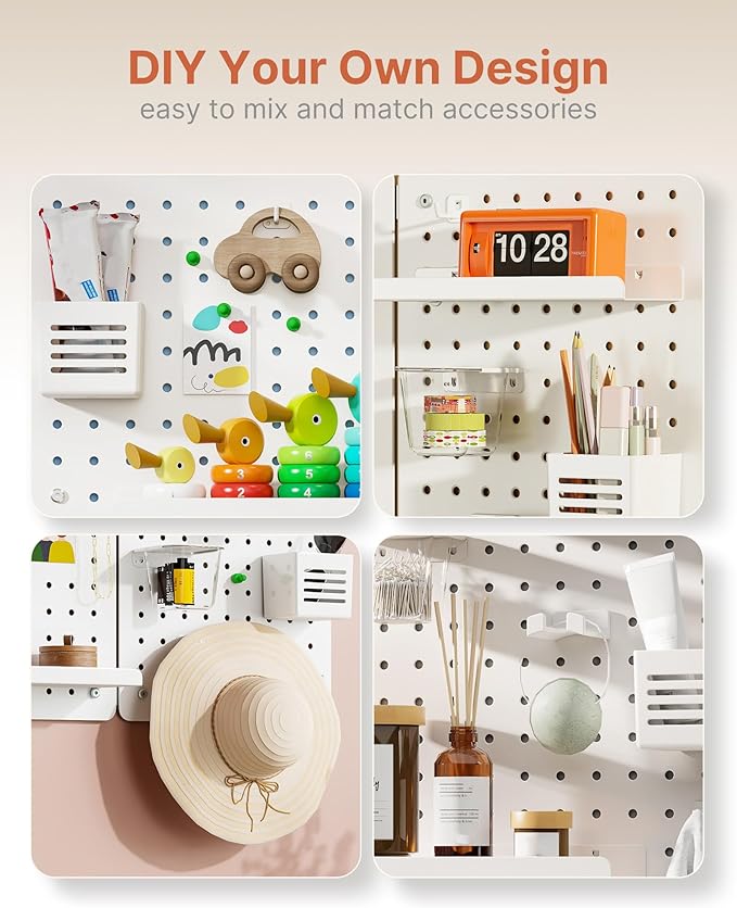 PEGZONE Pegboard Wall Organizer Combination Kit,Overall 33.1"x25.4" Metal Office Pegboard with 21 Accessories, Wall Mounted Peg board Display Panels for Home, Gaming Room, Garage (4Pcs,White)