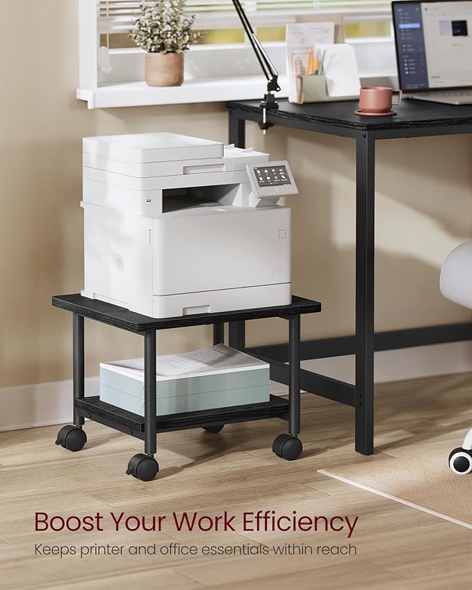 VASAGLE Heavy-Duty Printer Stand with Locking Wheels, 2-Tier Industrial Mobile Cart with Storage Shelf, Under Desk Printer Table for Home, Office, 13.4" Height, Ebony Black UOPS02B