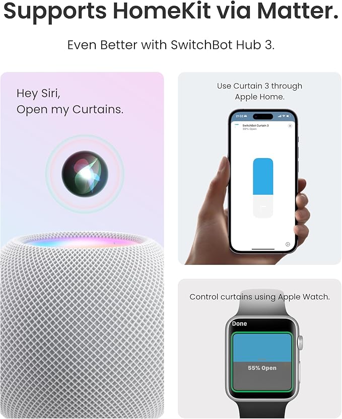 SwitchBot 2025 Automatic Curtain Opener 3 Rod-Bluetooth Remote Control, WiFi&Smartphone Control, Upgraded High-Performance, Add Hub to Compatible with Alexa, Google Home, HomeKit