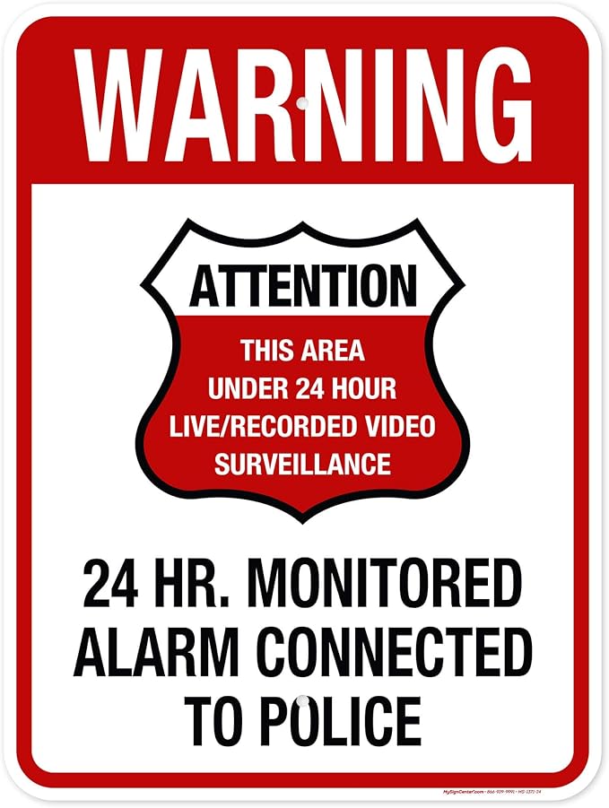 Warning 24 HR. Monitored Alarm Connected To Police Sign, 18x24 Inches, Rust Free .063 Aluminum, Fade Resistant, Made in USA by My Sign Center