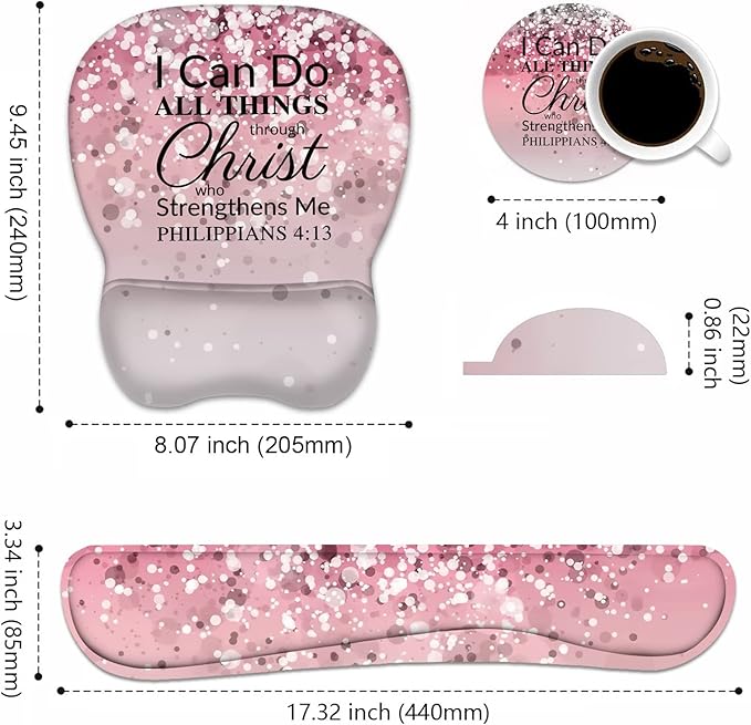 Ergonomic Mouse Pad Wrist Support and Keyboard Wrist Rest Set with Coasters, Non-Slip PU Base, Easy Typing & Pain Relief for Computer Laptop Home Office, Bible Verse Phil 4-13