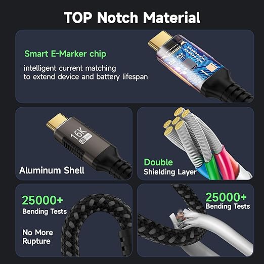 USBC right angle Cable 6.6FT Compatible With Thunderbolt 5/4,90 degree Type C 240W Fast Charging,USB C 16K@60Hz/8K@120Hz HD Video Output for Display,USB 5/4 Cable 80Gbps Data Transfer for SSD/Dock.