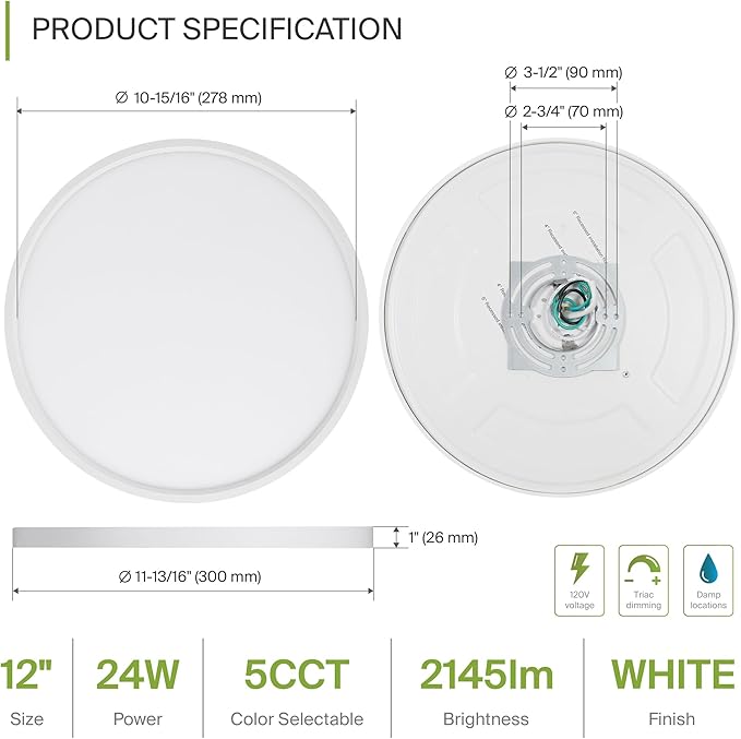 ASD LED 12" Round Flush Mount Ceiling Light Fixture, Low Profile Surface Lighting | 5CCT, Dimmable, Ultra-Thin, ETL Listed | 24W 1900LM 2700-6000K 120V | Kitchen, Bedroom, Hallway Lamp | White, 4 Pack