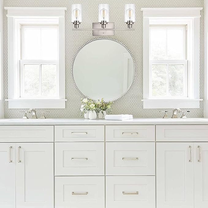 WINSHEN Bathroom Light Fixtures 3-Lights Seeded Glass in Brushed Nickel Finish, 23.6-Inches Vanity Lighting Bath Wall Mount Lamp for Kitchen Living Room Workshop