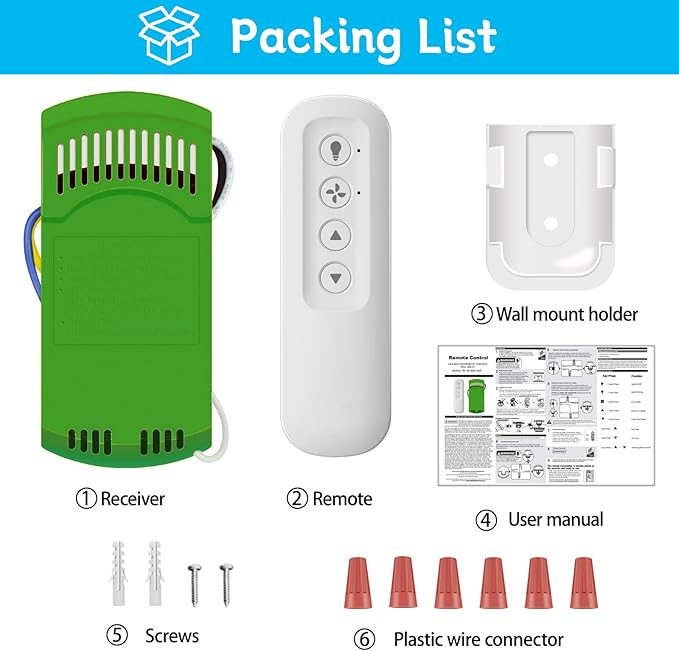 Ceiling Fan Remote Control Kit with Receiver, Replacement for Hunter 99770, 99772, 99392, 99813, Universal 3-Speeds Remote Control Kit, Fans Control with Dimmer