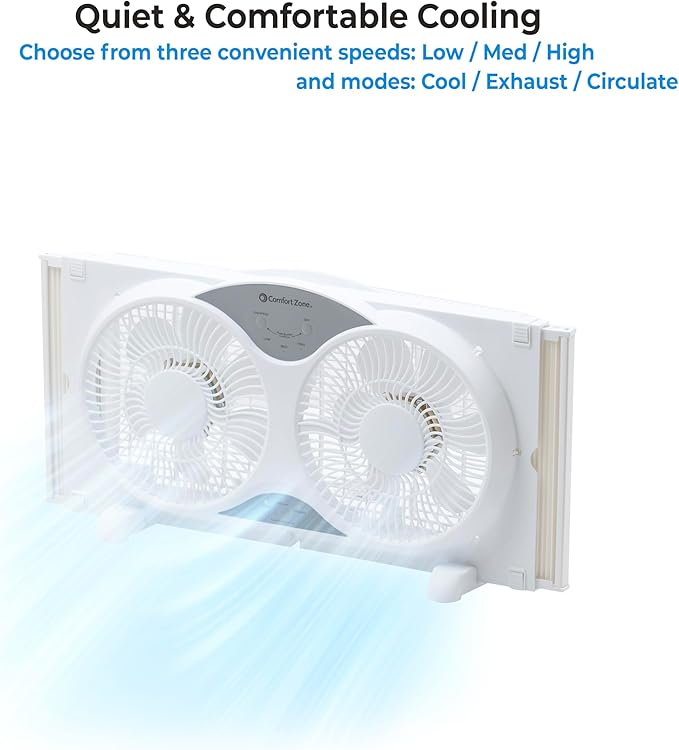 Comfort Zone Twin Window Fan with Remote Control, Removable Cover, Reversible, 9 inch, 3 Speed, 3 Function, Expandable, Exhaust, Airflow 8.40 ft/sec, Ideal for Home, Kitchen, Bedroom & Office, CZ310R