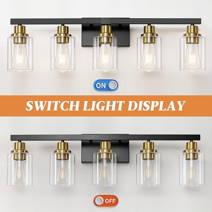 DIKAIDA 5-Light Black and Gold Bathroom Vanity Light, 30" Modern Vanity Lighting Fixture, Bathroom Light Fixtures, Wall Sconces with Clear Glass Shade, Black Bathroom Wall Light Over Mirror